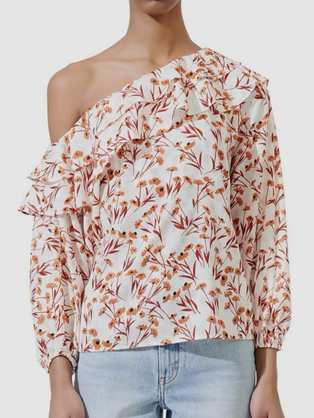 Maje Sz S Laurane Floral Cottagecore One Shoulder Ruffle Feminine Blouse